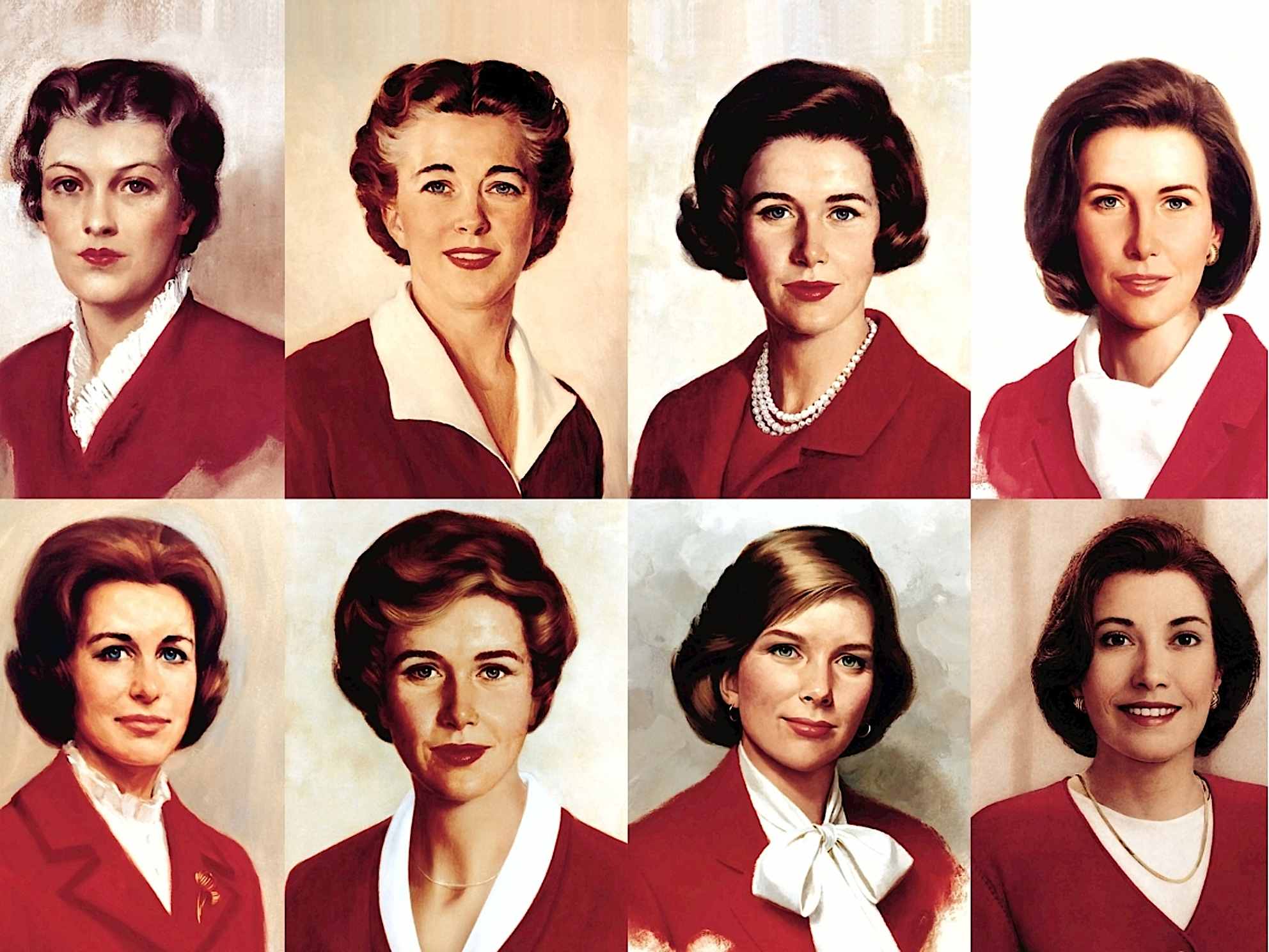 A collage showing the eight official portraits of Betty Crocker, from 1936 to 1996.